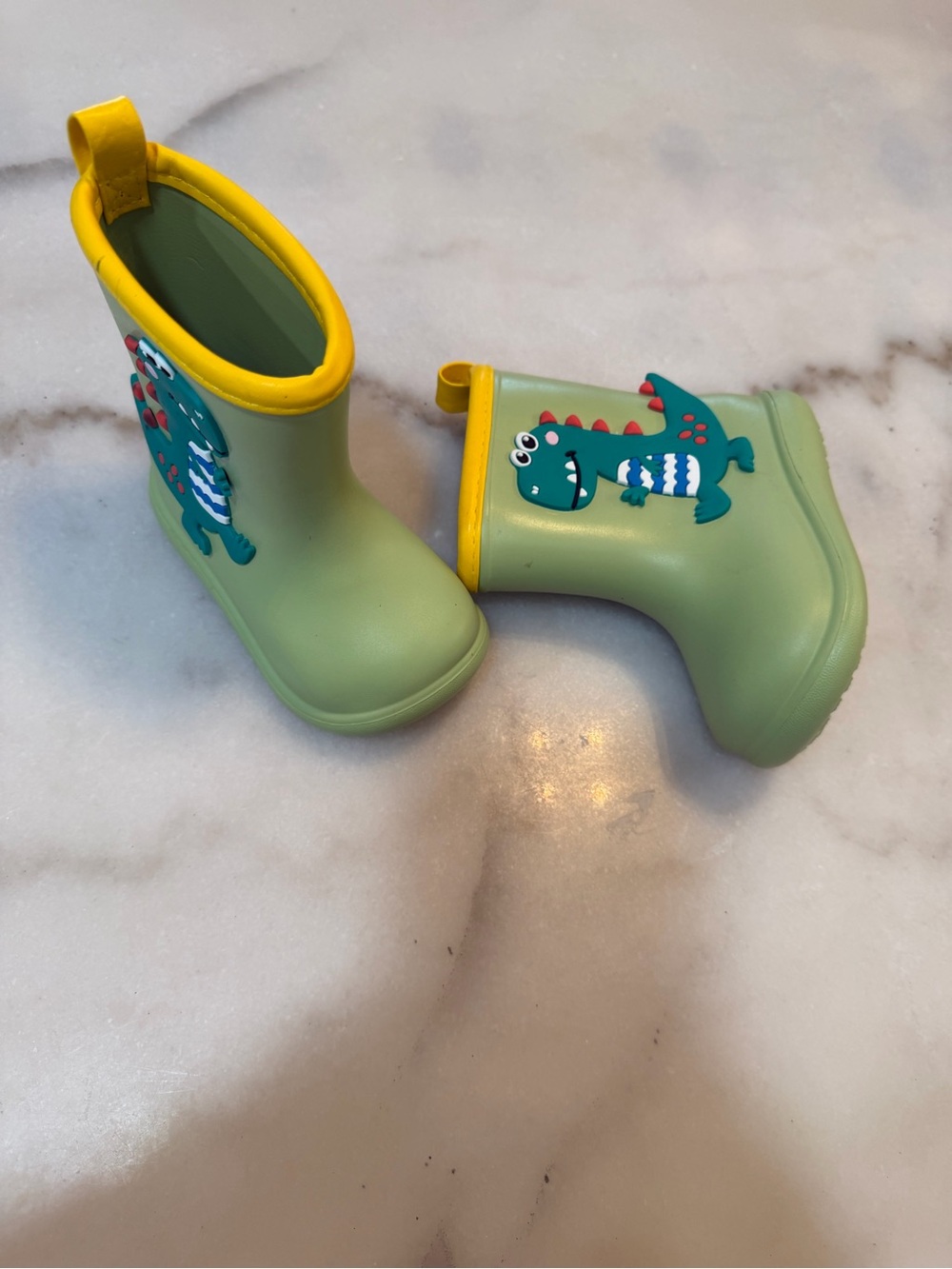 Kids Green Dinosaur Rain Boots with Yellow Trim